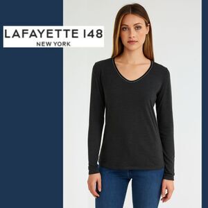Lafayette 148 Charcol Embellished Neck, Long Sleeve Top